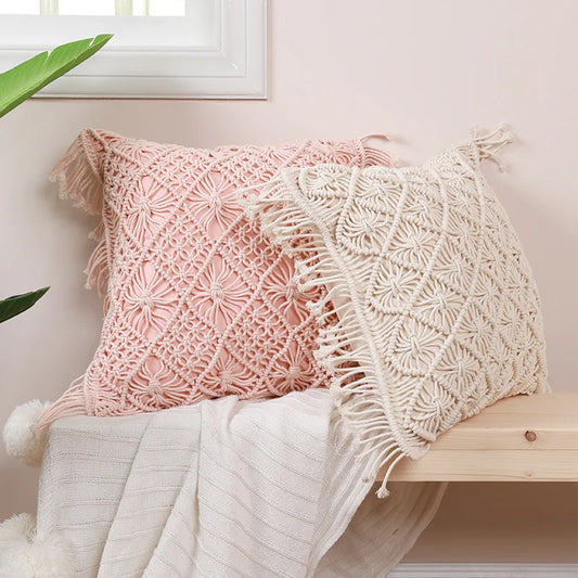 1Pc Boho Pink Handwoven Throw Pillow Cover, Vintage Geometric Pattern Rope Woven Pillowcase for Couch Sofa Bedroom Living Room