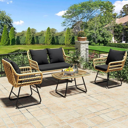 4-Piece Patio Furniture Wicker Outdoor Set, All-Weather Rattan Conversation Loveseat Chairs with Soft Cushions and Metal Table